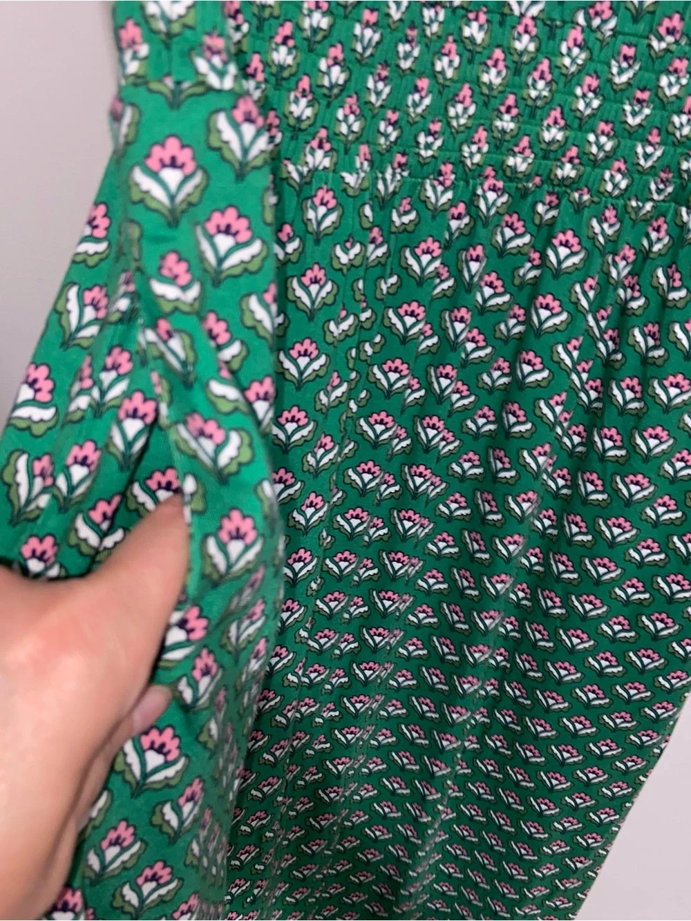 Boden Dress Womens Size 12 Highland Geo Floral Kelly Green Smocked Waist Pockets - Picture 14 of 14